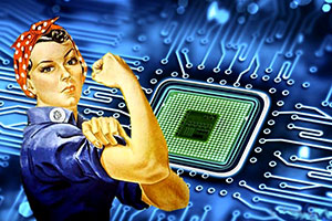 Illustration of rosie the riveter superimposed on a circuit board background, symbolizing women's empowerment in technology.