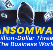 Hooded figure with binary code and money symbols illustrating the concept of ransomware as a major financial threat to businesses.