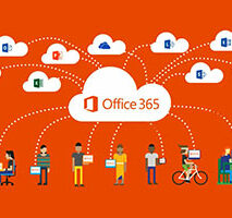 Illustration of multiple users connected to office 365 cloud services, representing teamwork and online collaboration.