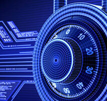 Digital interface with circular futuristic security lock concept on a blue background.